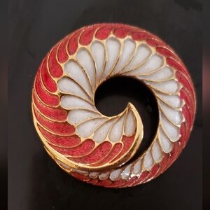 Signed Vintage Elegant Red and Gold Brooch with Spiral Design